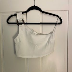 Shein white one shoulder crop top w/ brown o-ring